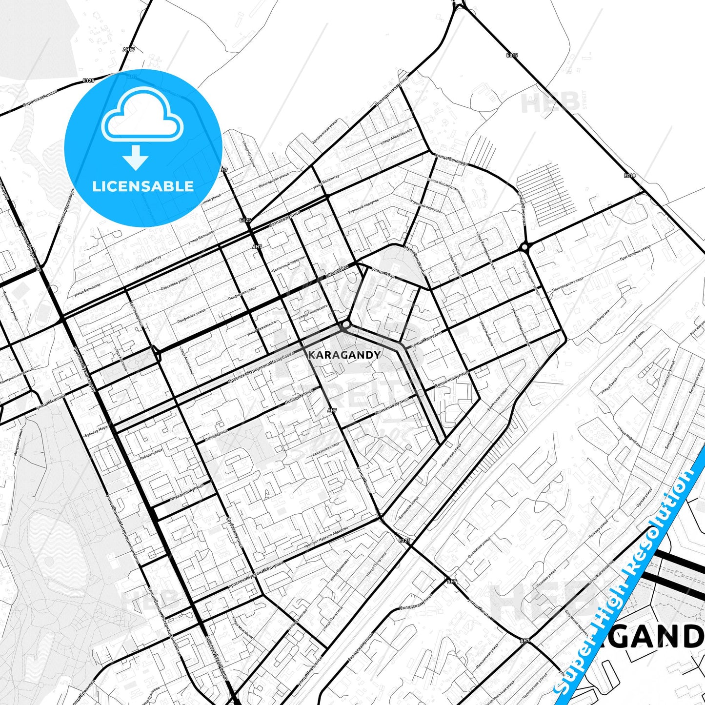 Karagandy, Kazakhstan Light Map with Street Names, City Names, and Districts