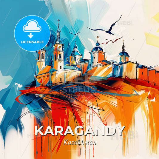 Vibrant Karagandy, Kazakhstan - A Painting Of A Building With Towers And Birds Flying - Square format print template