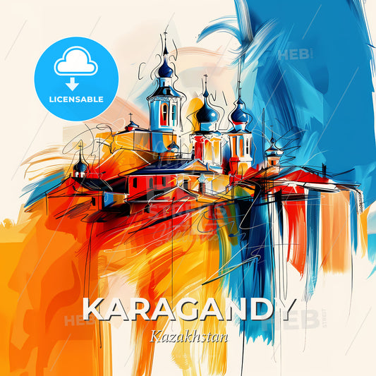 Vibrant Karagandy, Kazakhstan - A Painting Of A Building With Towers - Square format print template