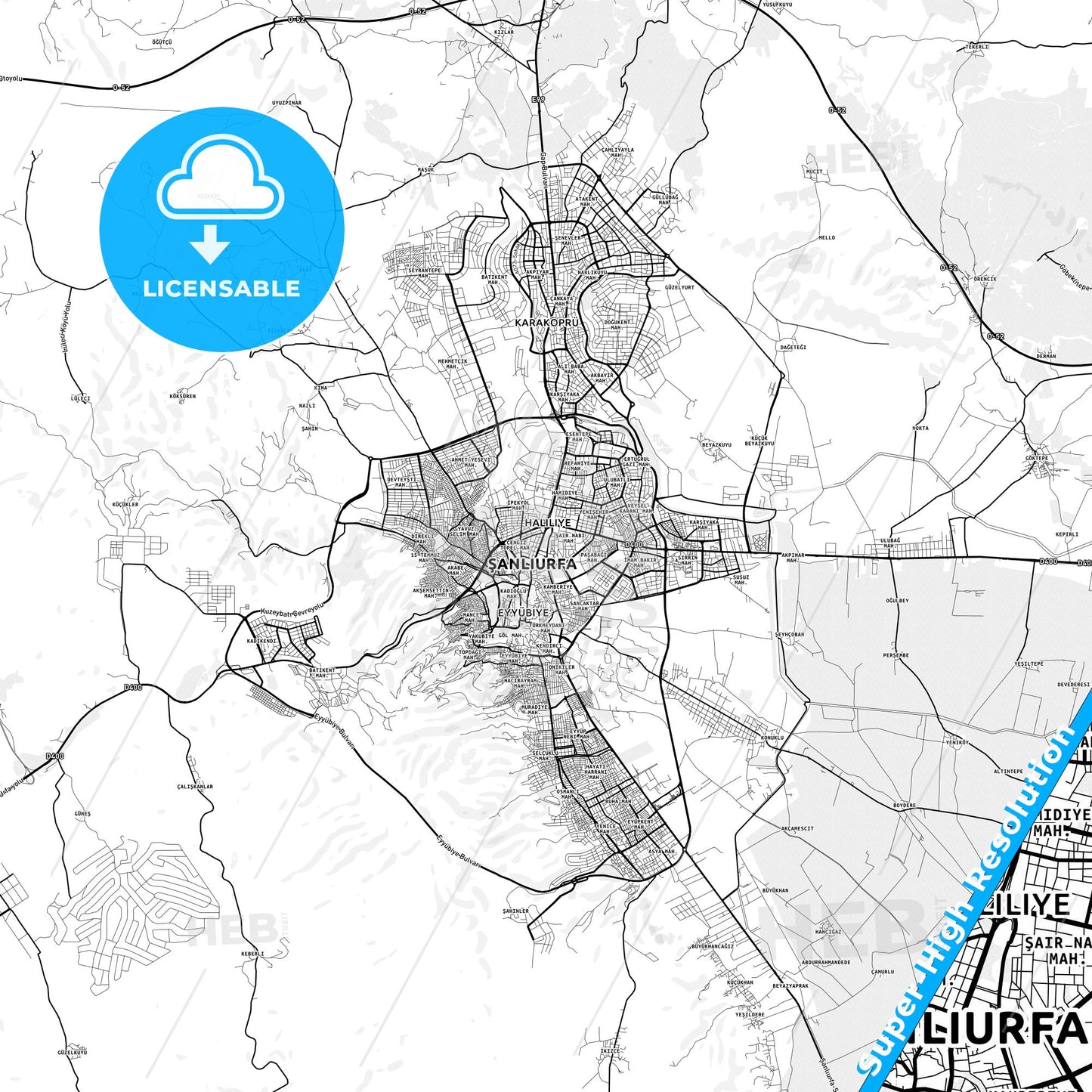 Karaköprü, Turkey light map with streetnames, citynames and districts