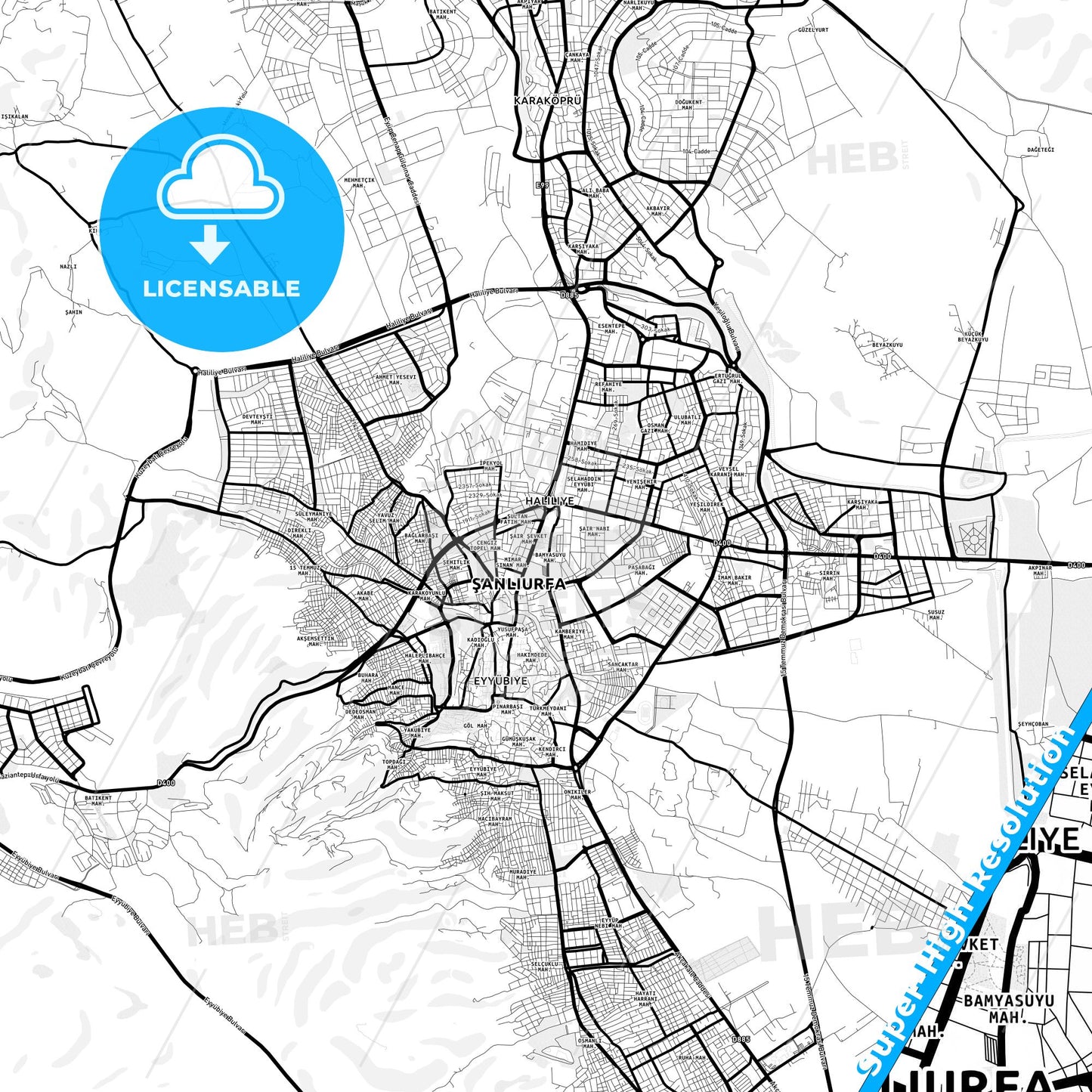 Karaköprü, Turkey Light Map with Street Names, City Names, and Districts