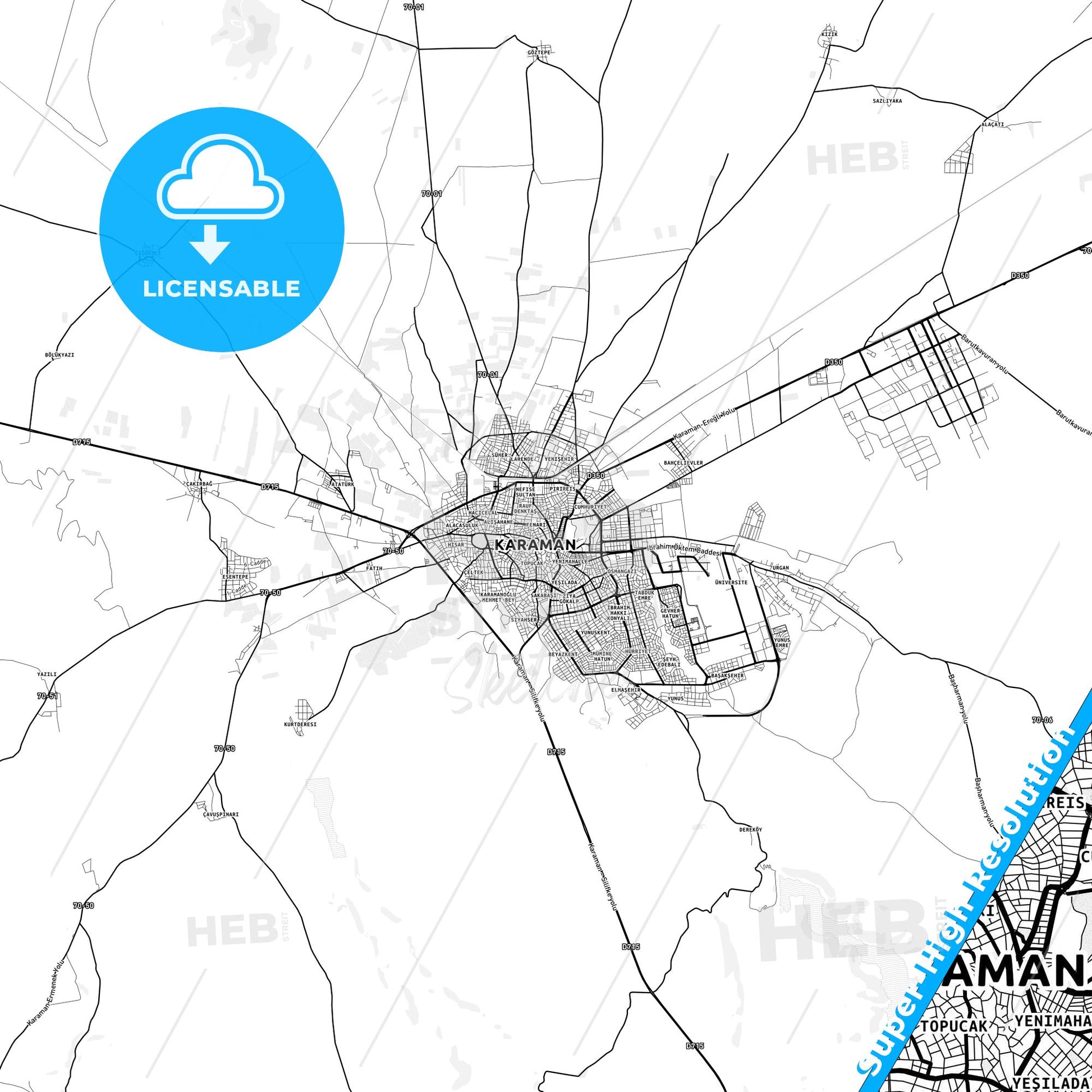 Karaman, Turkey light map with streetnames, citynames and districts
