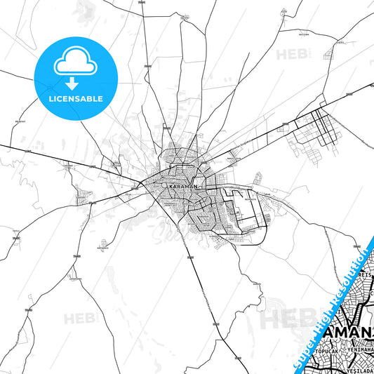 Karaman, Turkey light map with streetnames, citynames and districts