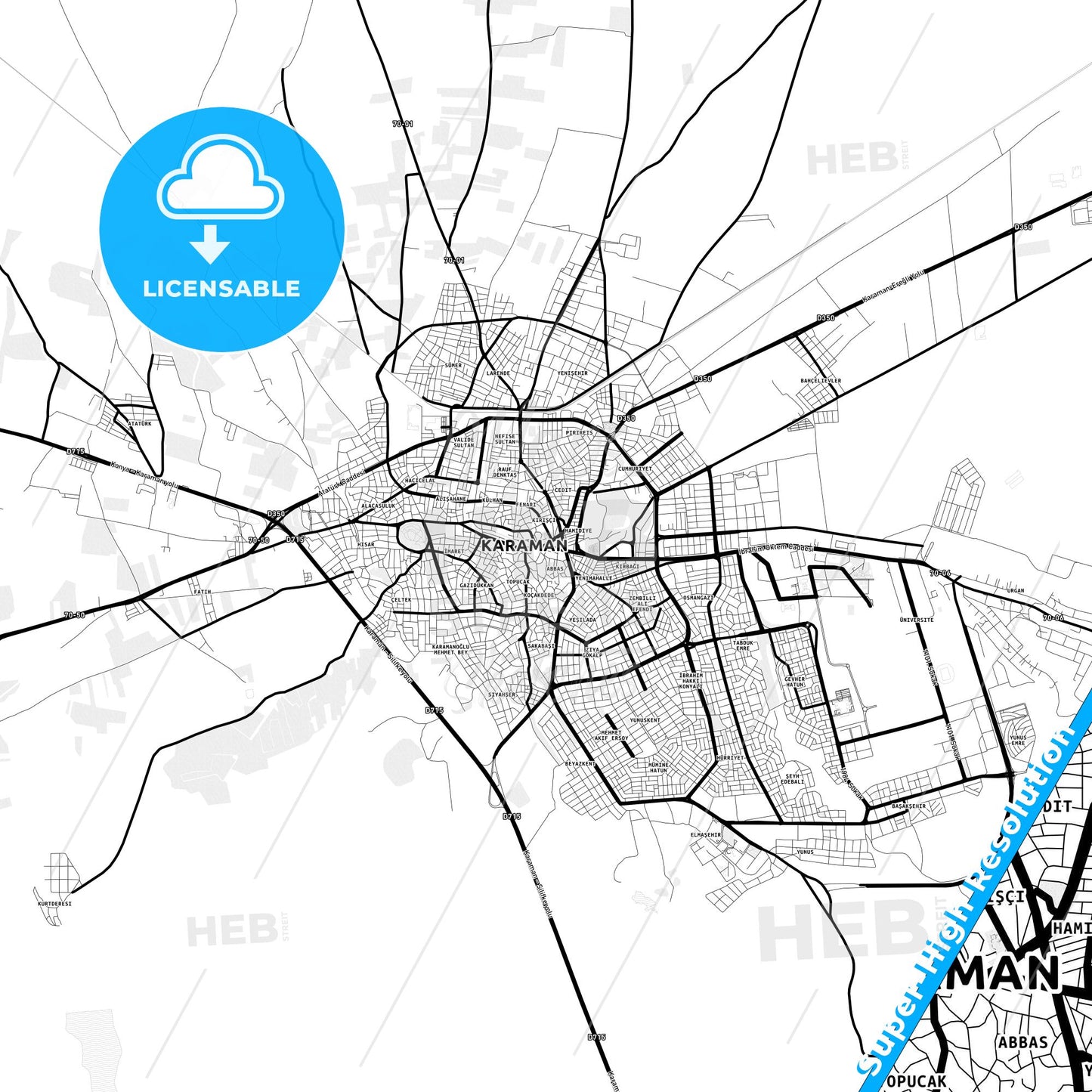 Karaman, Turkey Light Map with Street Names, City Names, and Districts