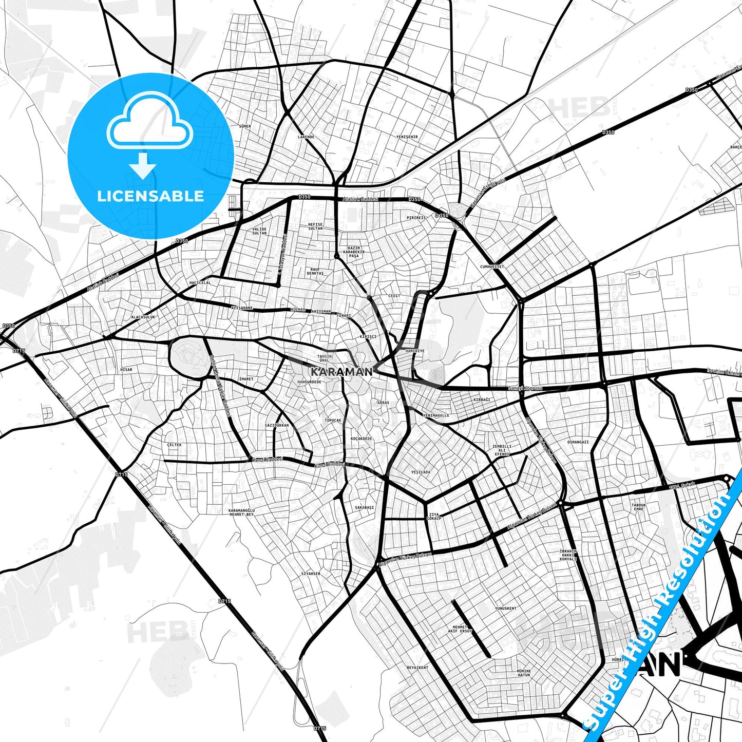 Karaman, Turkey Light Map with Street Names, City Names, and Districts