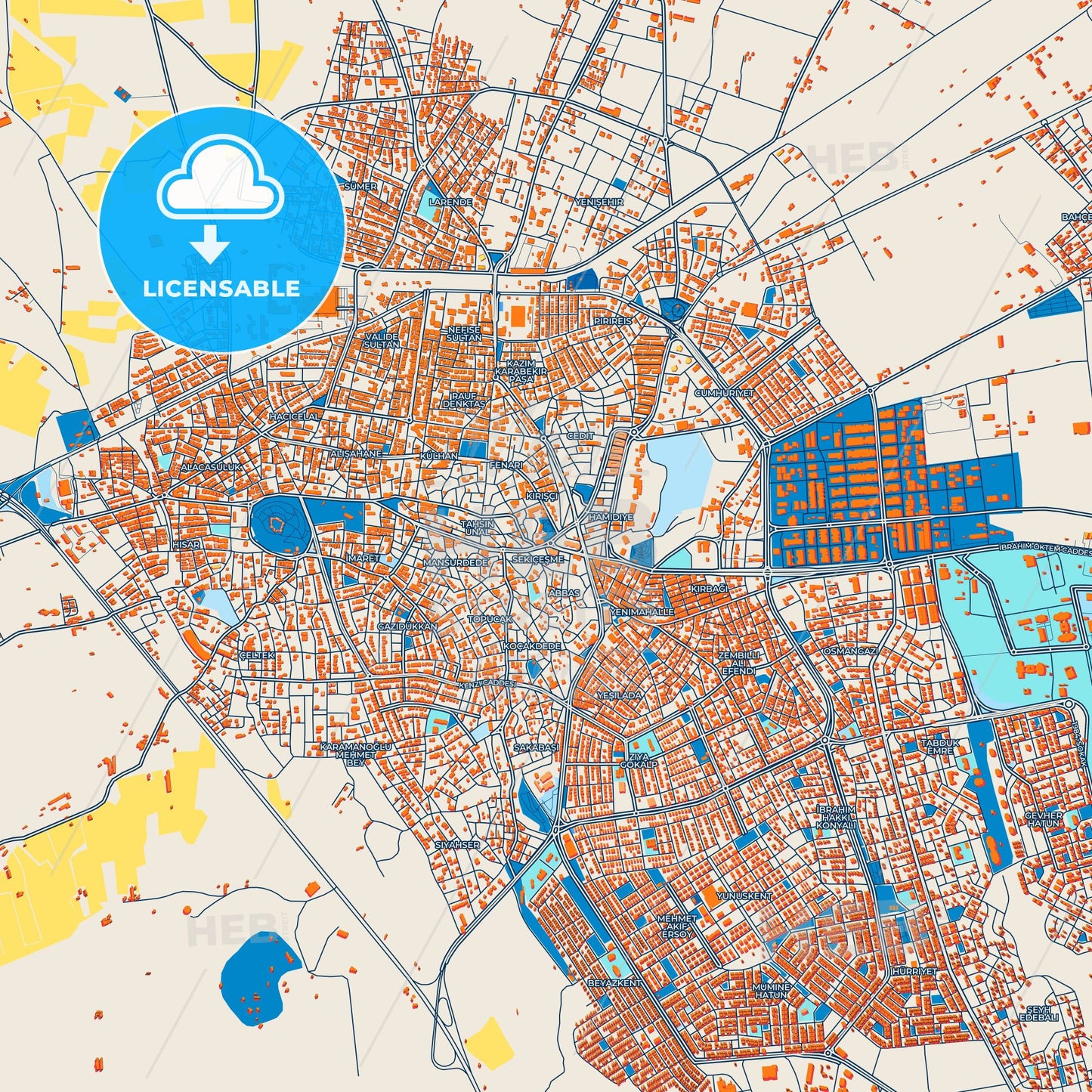 Colorful Karaman Street Map with Labels and Buildings