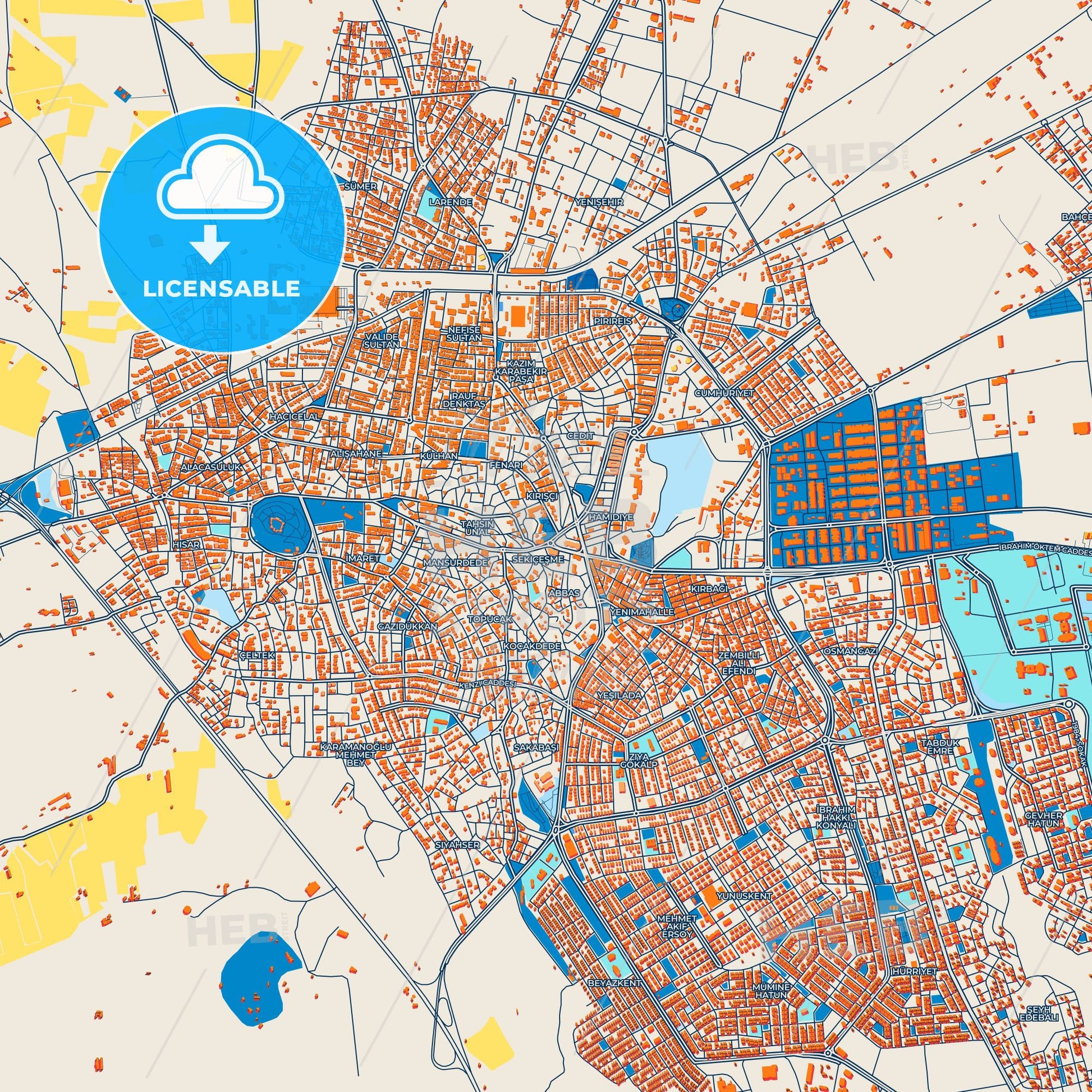 Colorful Karaman Street Map with Labels and Buildings