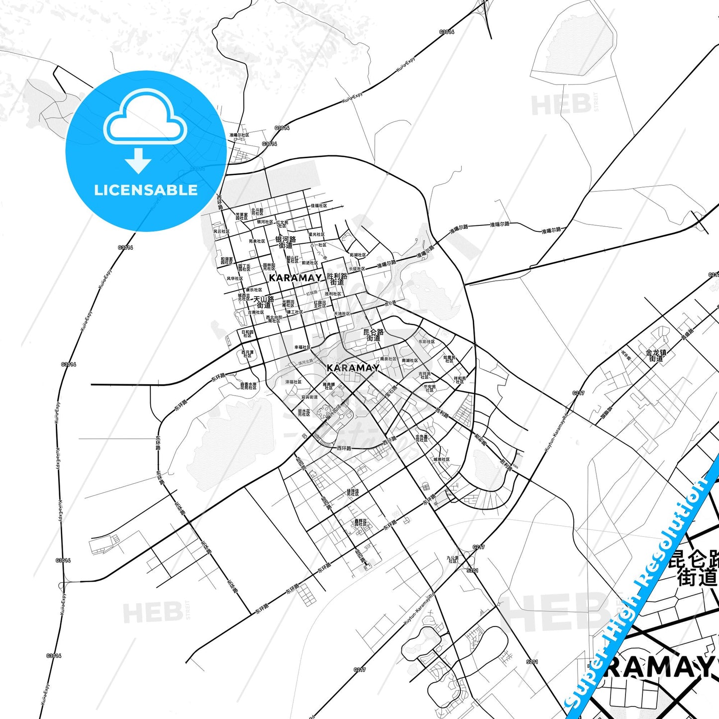 Karamay, China light map with streetnames, citynames and districts