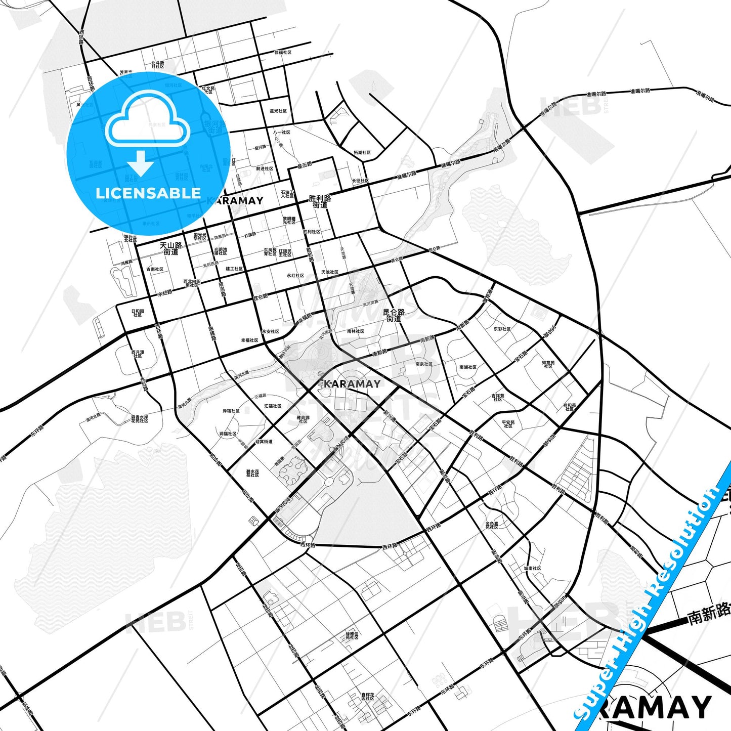Karamay, China Light Map with Street Names, City Names, and Districts
