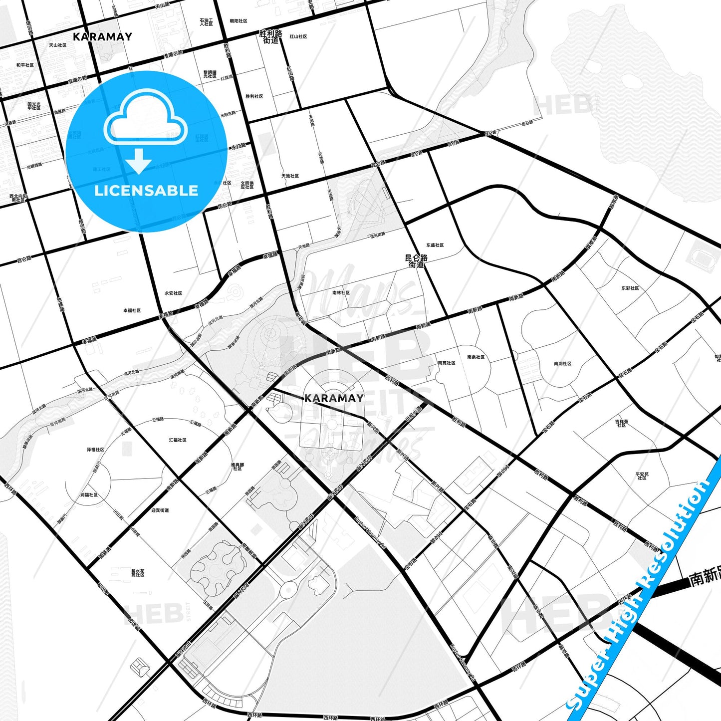 Karamay, China Light Map with Street Names, City Names, and Districts