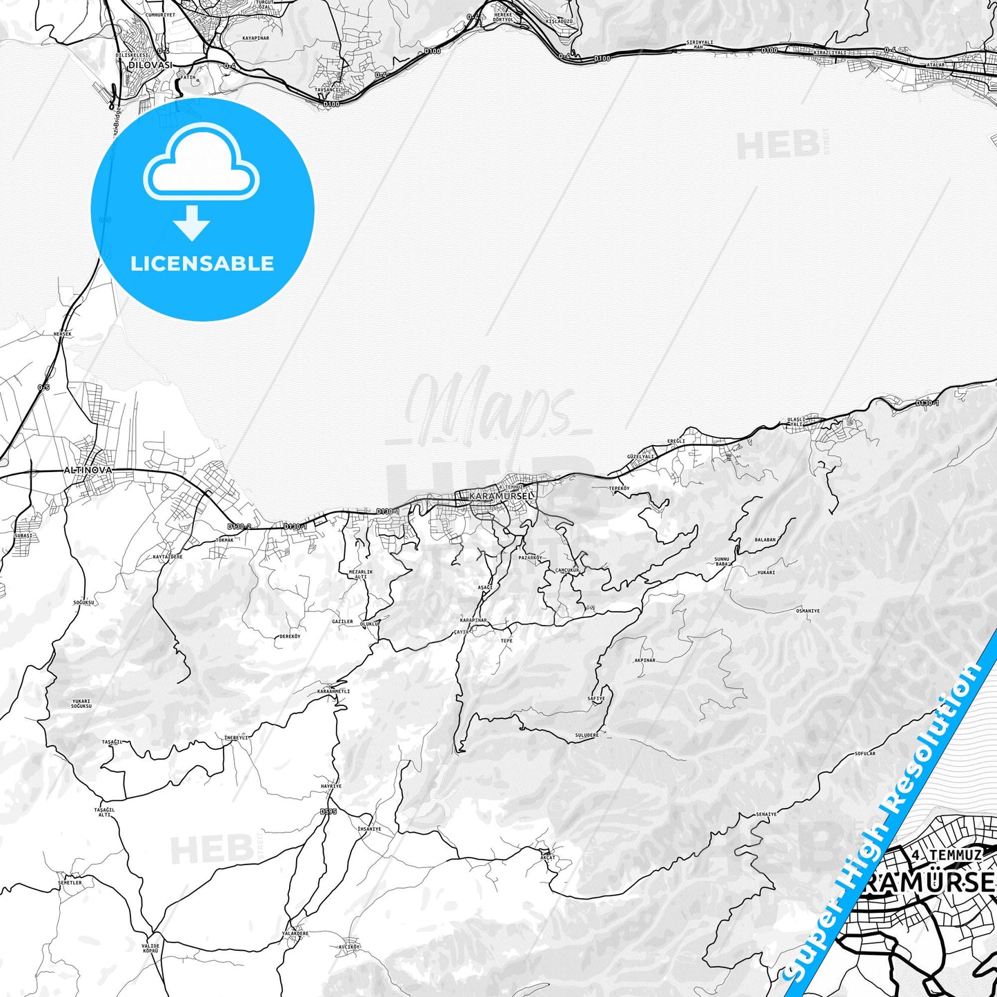 Karamürsel, Turkey light map with streetnames, citynames and districts