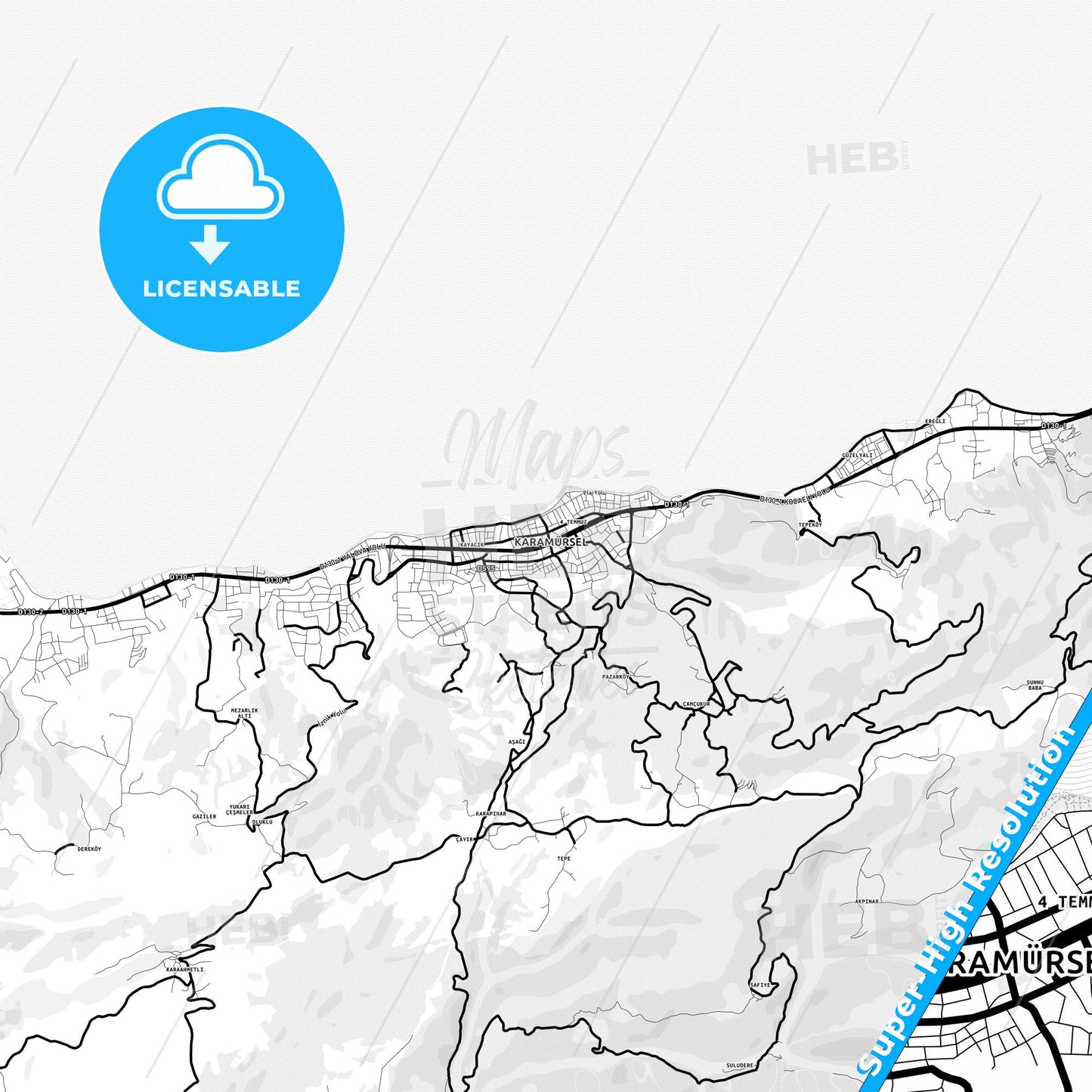 Karamürsel, Turkey Light Map with Street Names, City Names, and Districts