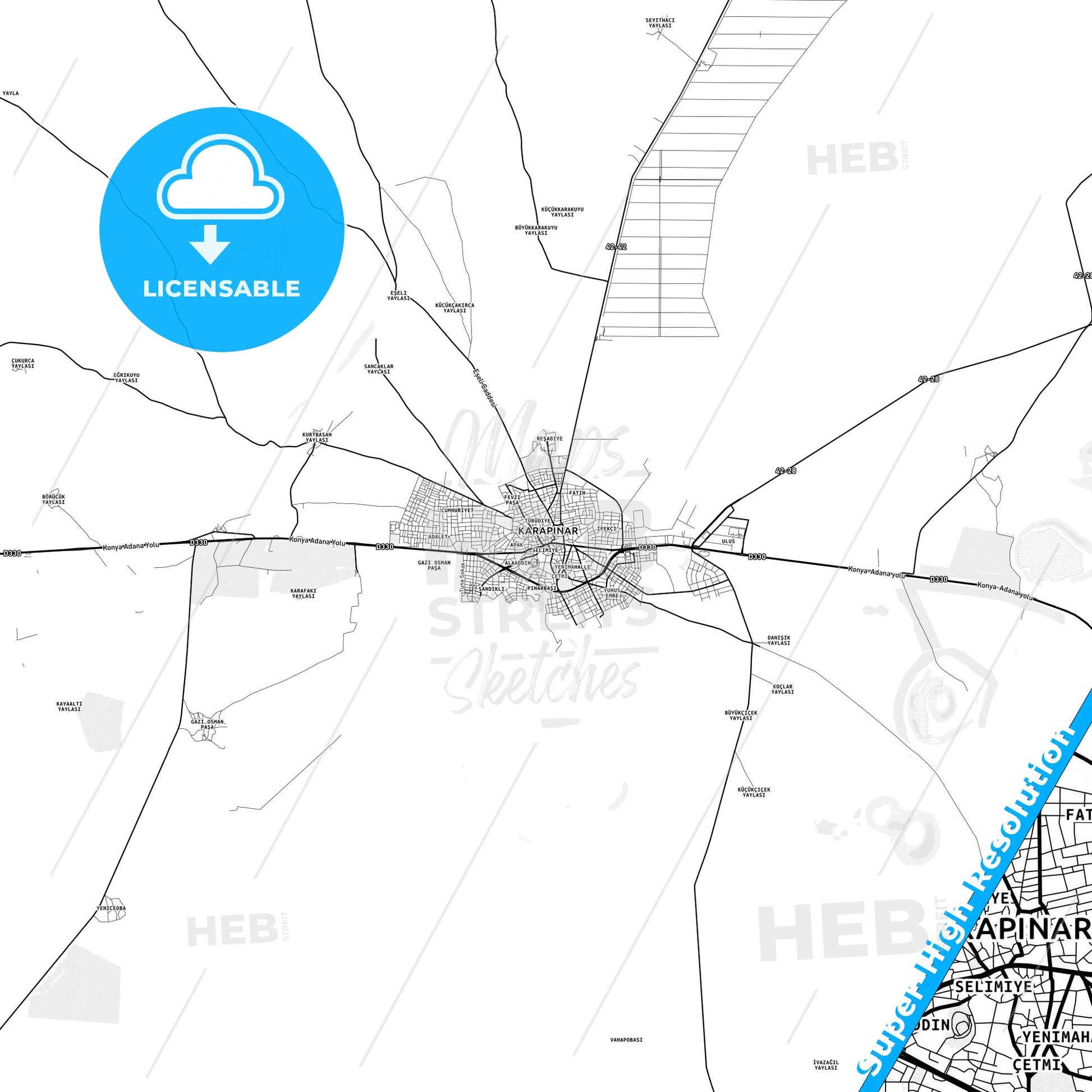 Karapınar, Turkey light map with streetnames, citynames and districts