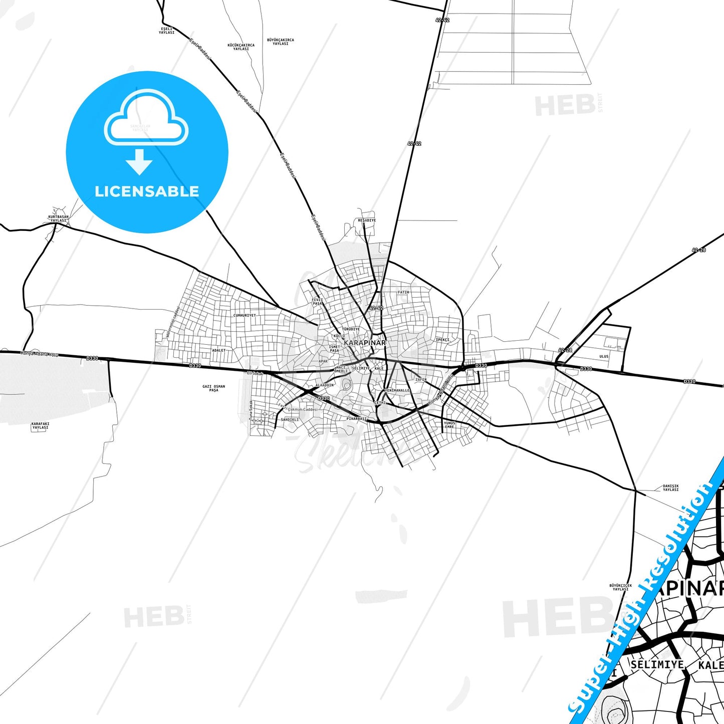 Karapınar, Turkey Light Map with Street Names, City Names, and Districts