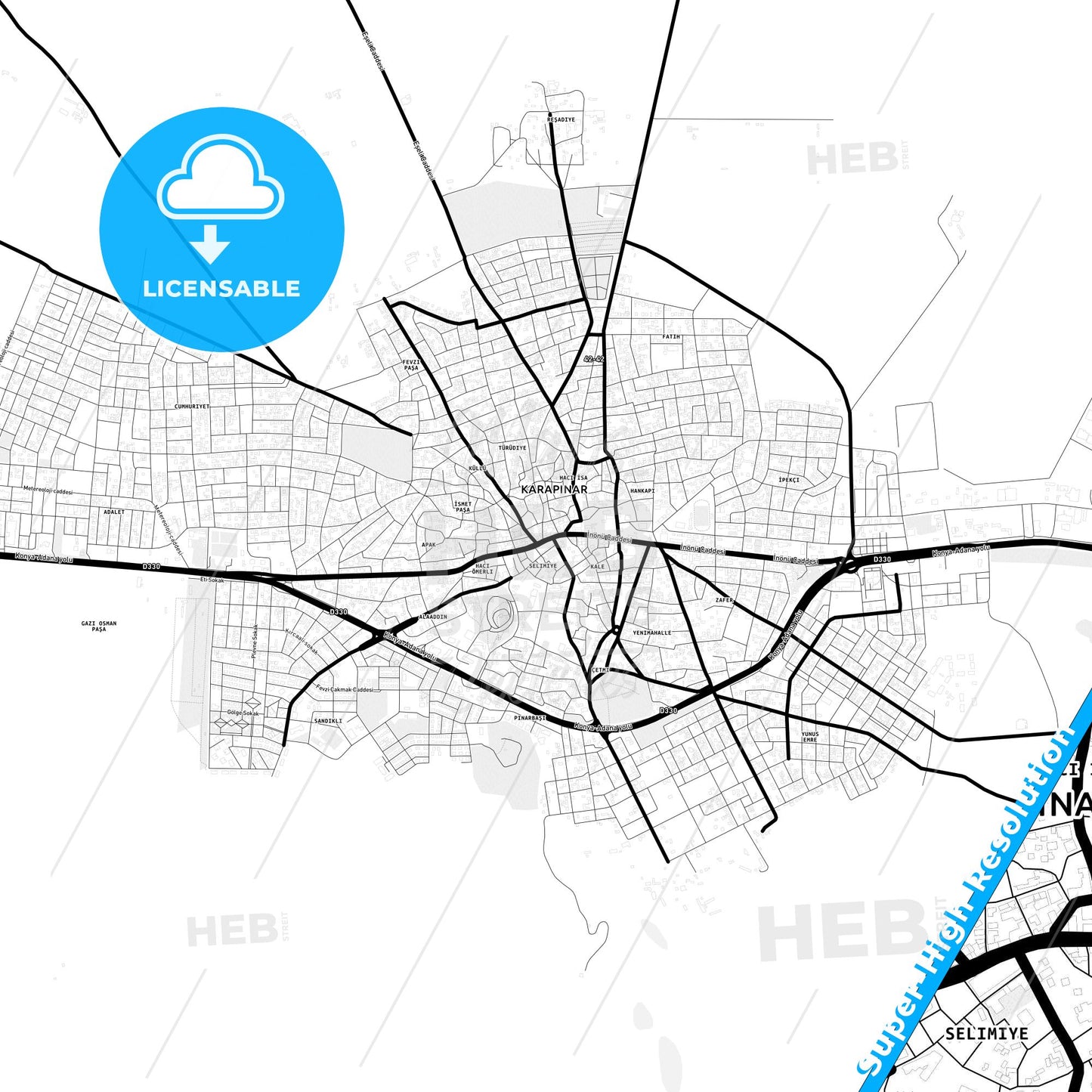 Karapınar, Turkey Light Map with Street Names, City Names, and Districts