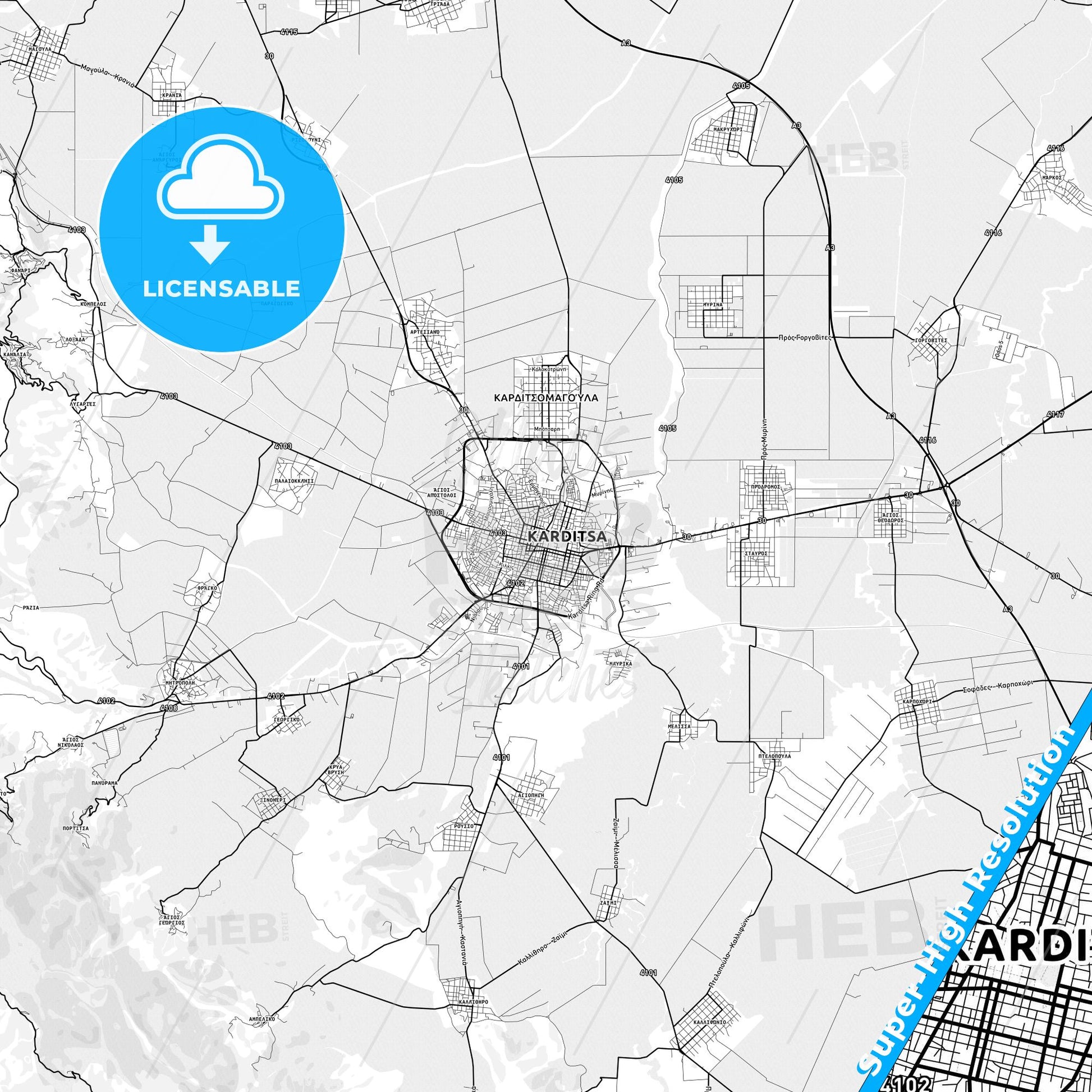 Karditsa, Greece light map with streetnames, citynames and districts