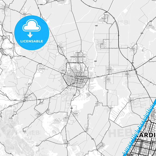 Karditsa, Greece light map with streetnames, citynames and districts