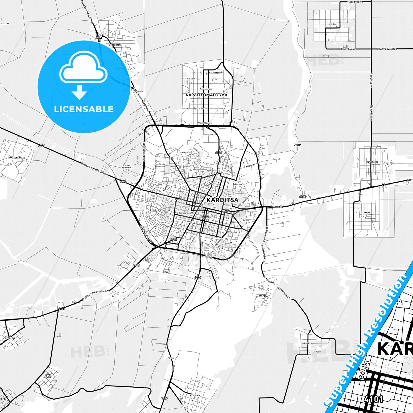 Karditsa, Greece Light Map with Street Names, City Names, and Districts