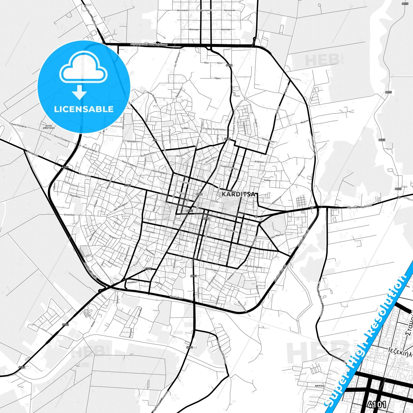 Karditsa, Greece Light Map with Street Names, City Names, and Districts