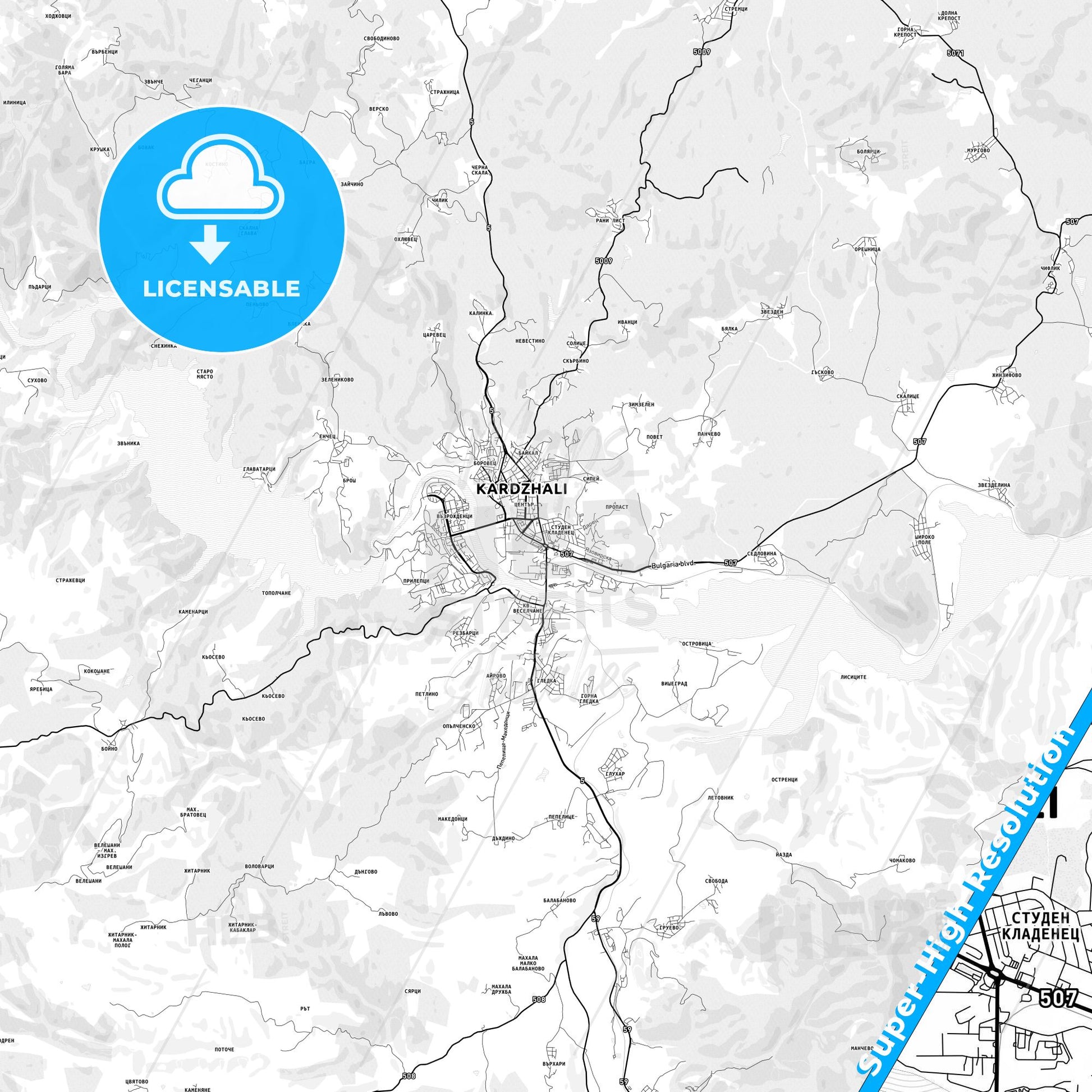 Kardzhali, Bulgaria light map with streetnames, citynames and districts