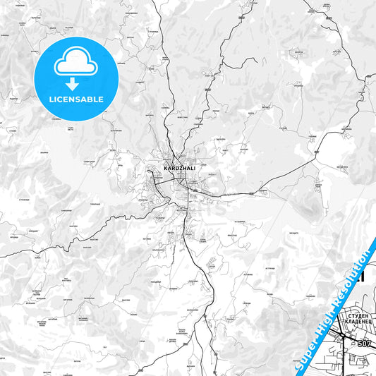 Kardzhali, Bulgaria light map with streetnames, citynames and districts