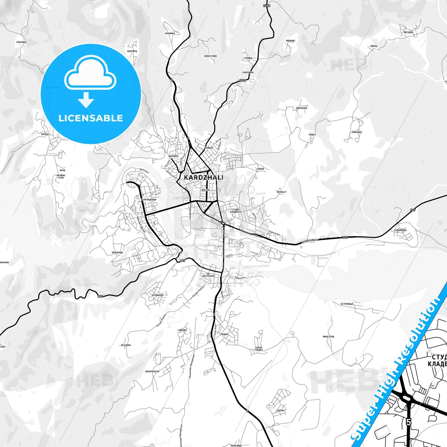 Kardzhali, Bulgaria Light Map with Street Names, City Names, and Districts