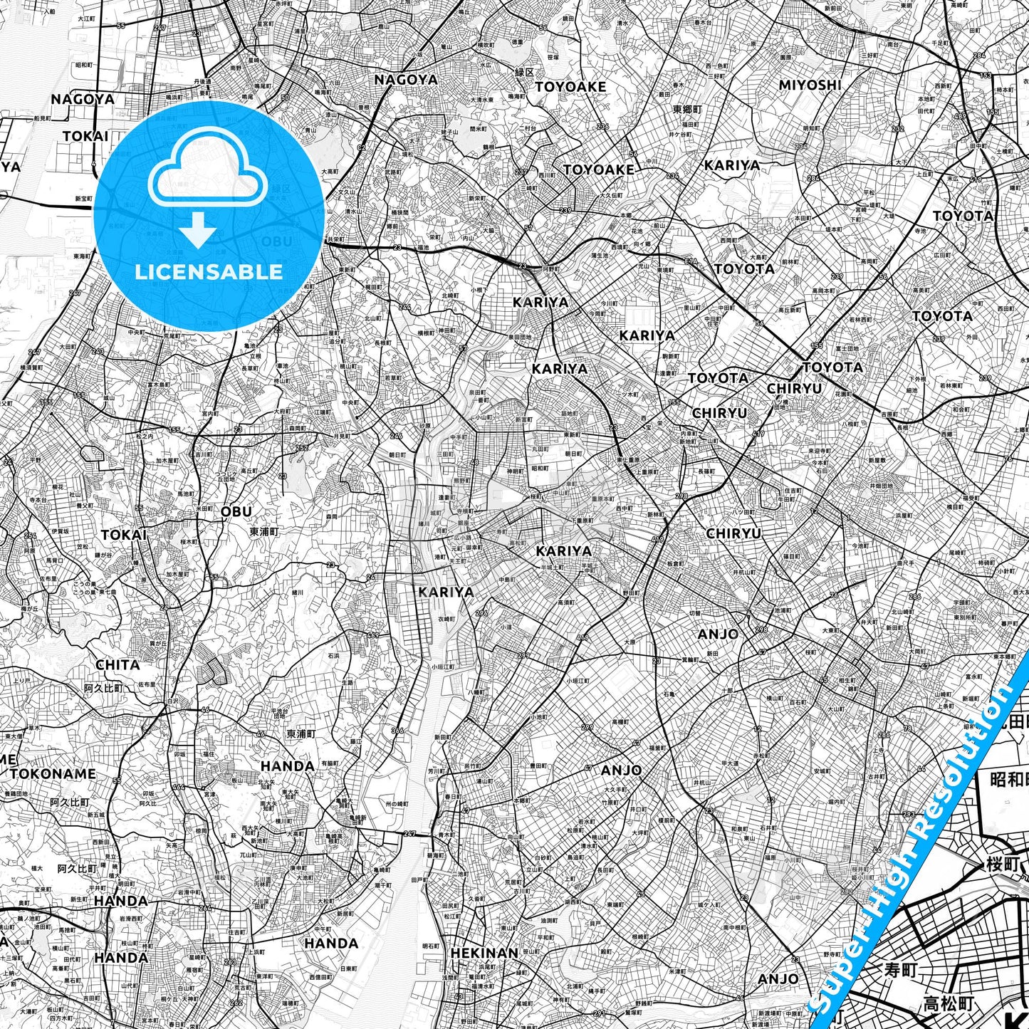Kariya, Japan light map with streetnames, citynames and districts