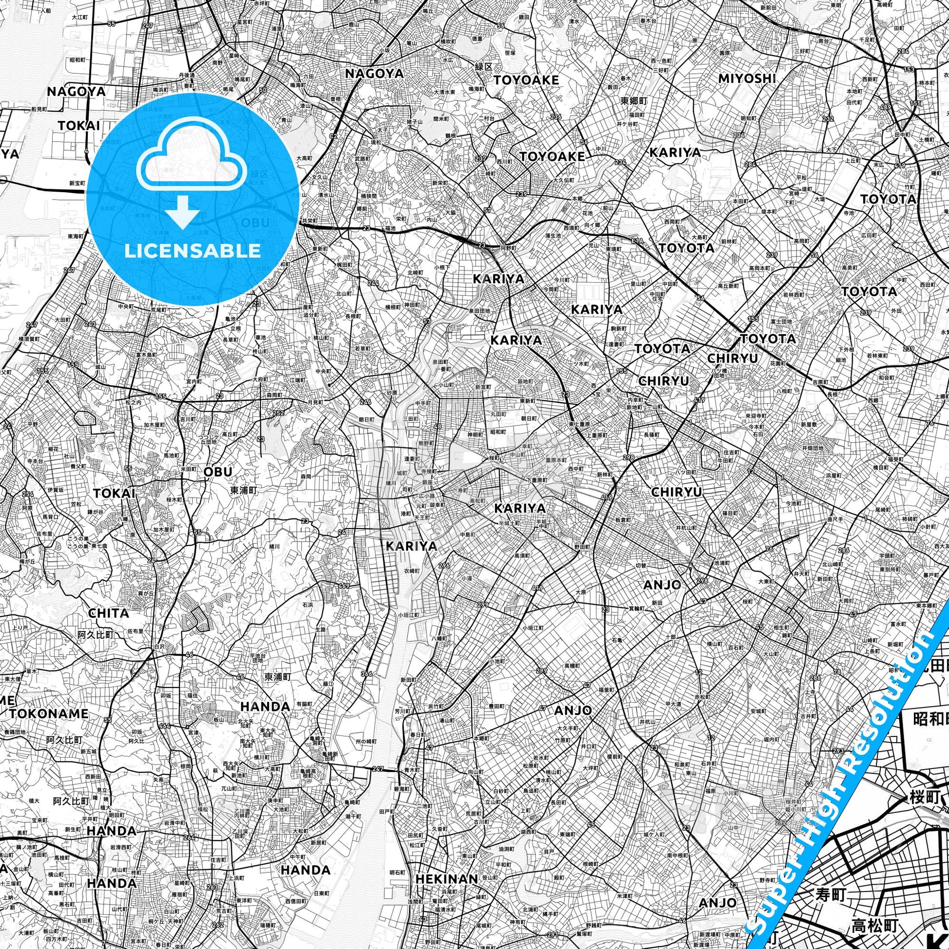 Kariya, Japan light map with streetnames, citynames and districts