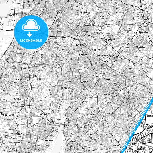Kariya, Japan light map with streetnames, citynames and districts