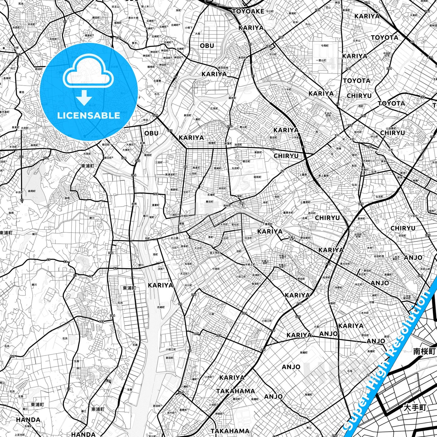 Kariya, Japan Light Map with Street Names, City Names, and Districts