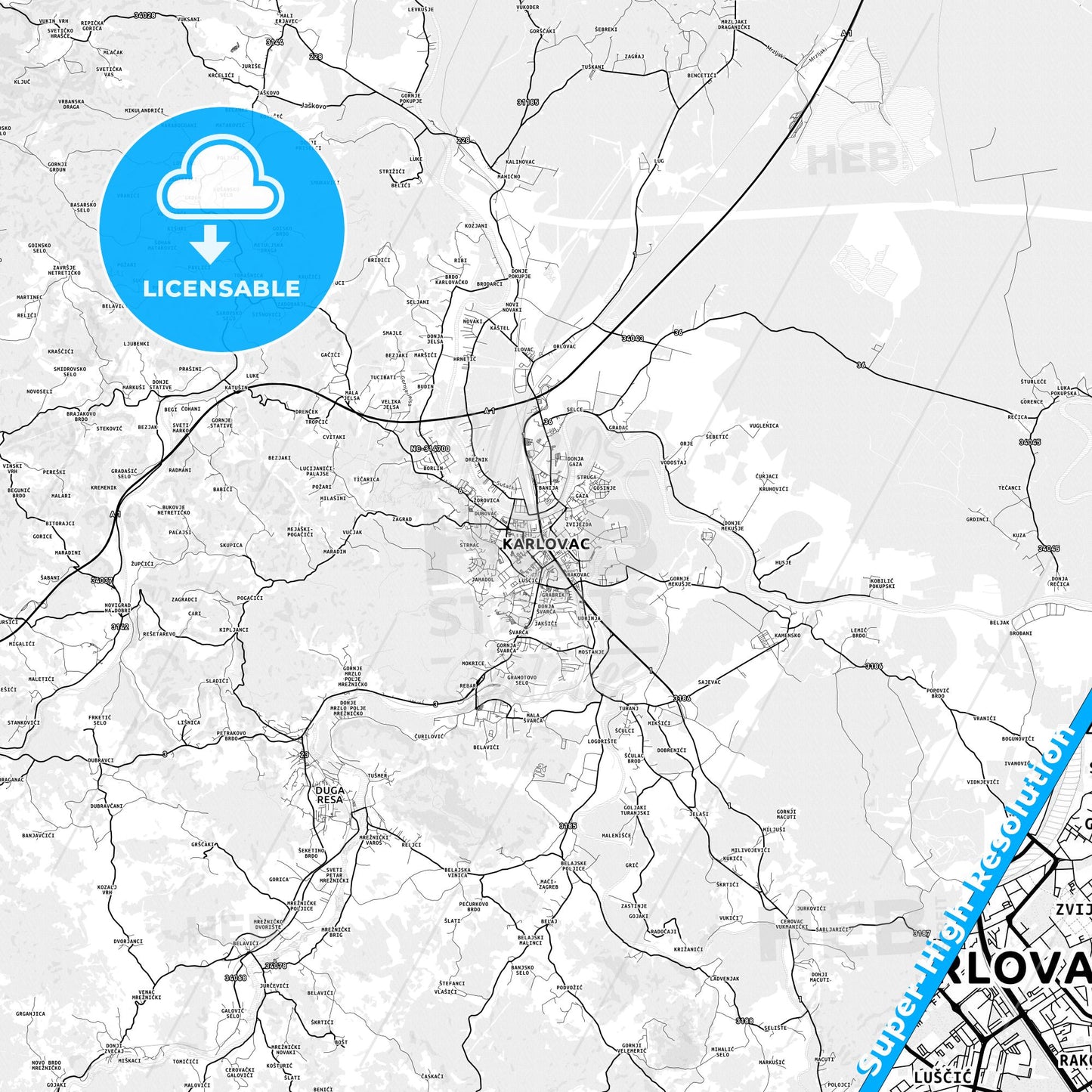 Karlovac, Croatia light map with streetnames, citynames and districts