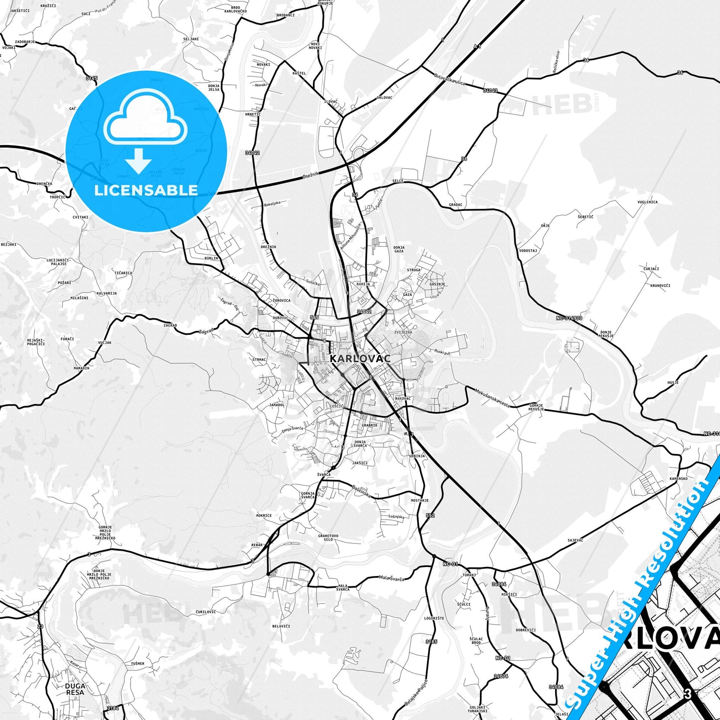 Karlovac, Croatia Light Map with Street Names, City Names, and Districts
