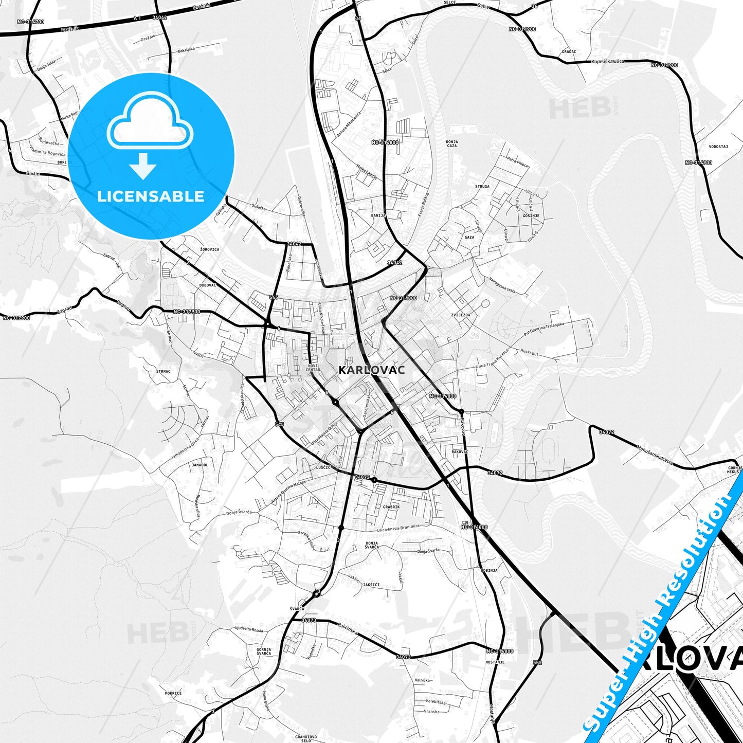Karlovac, Croatia Light Map with Street Names, City Names, and Districts