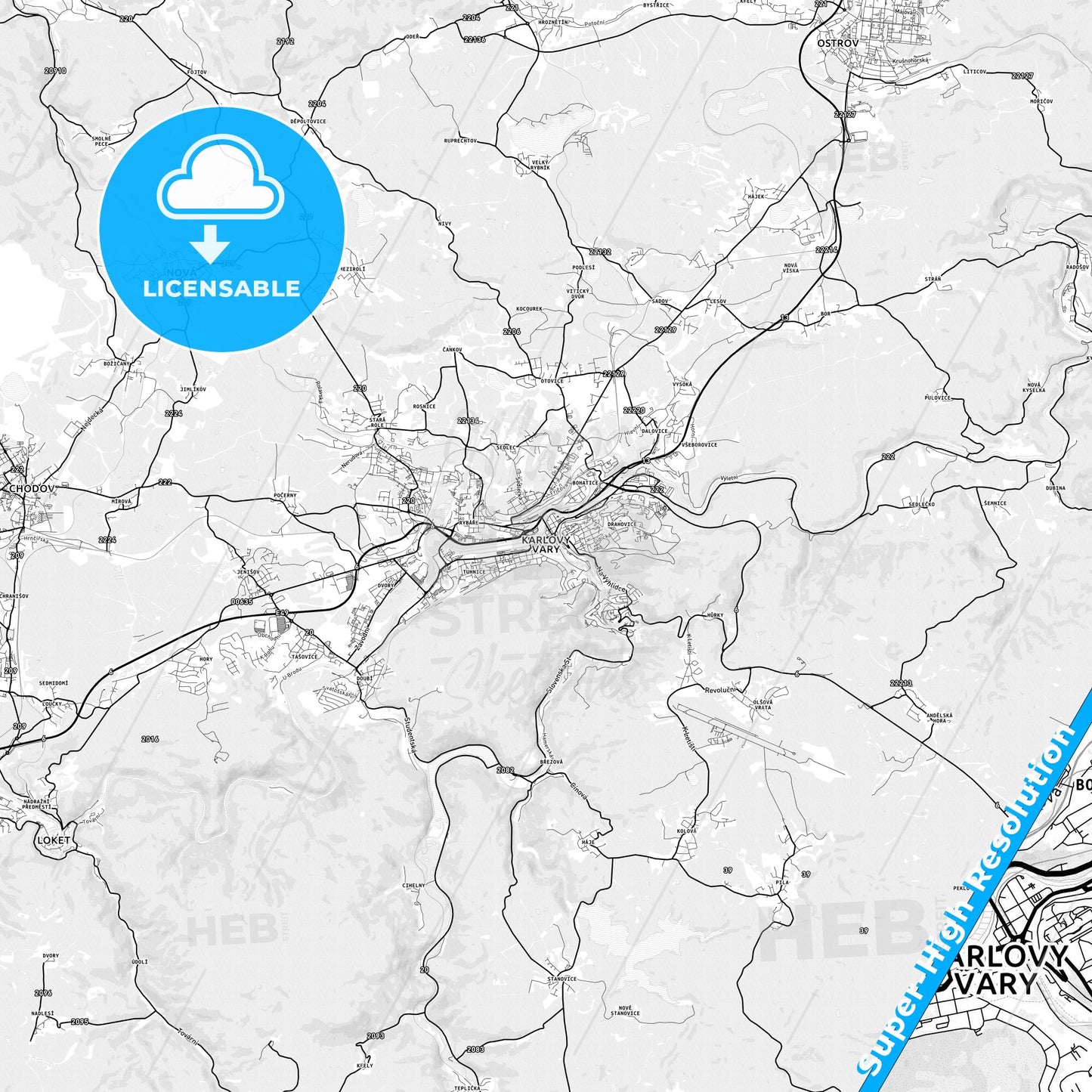 Karlovy Vary, Czechia light map with streetnames, citynames and districts