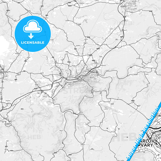 Karlovy Vary, Czechia light map with streetnames, citynames and districts