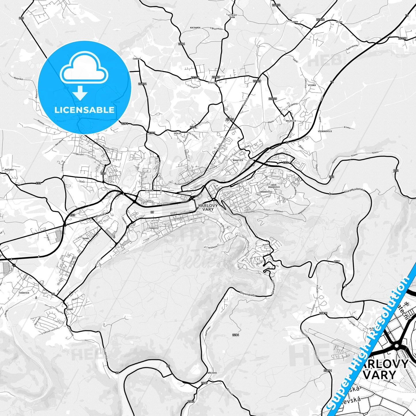 Karlovy Vary, Czechia Light Map with Street Names, City Names, and Districts