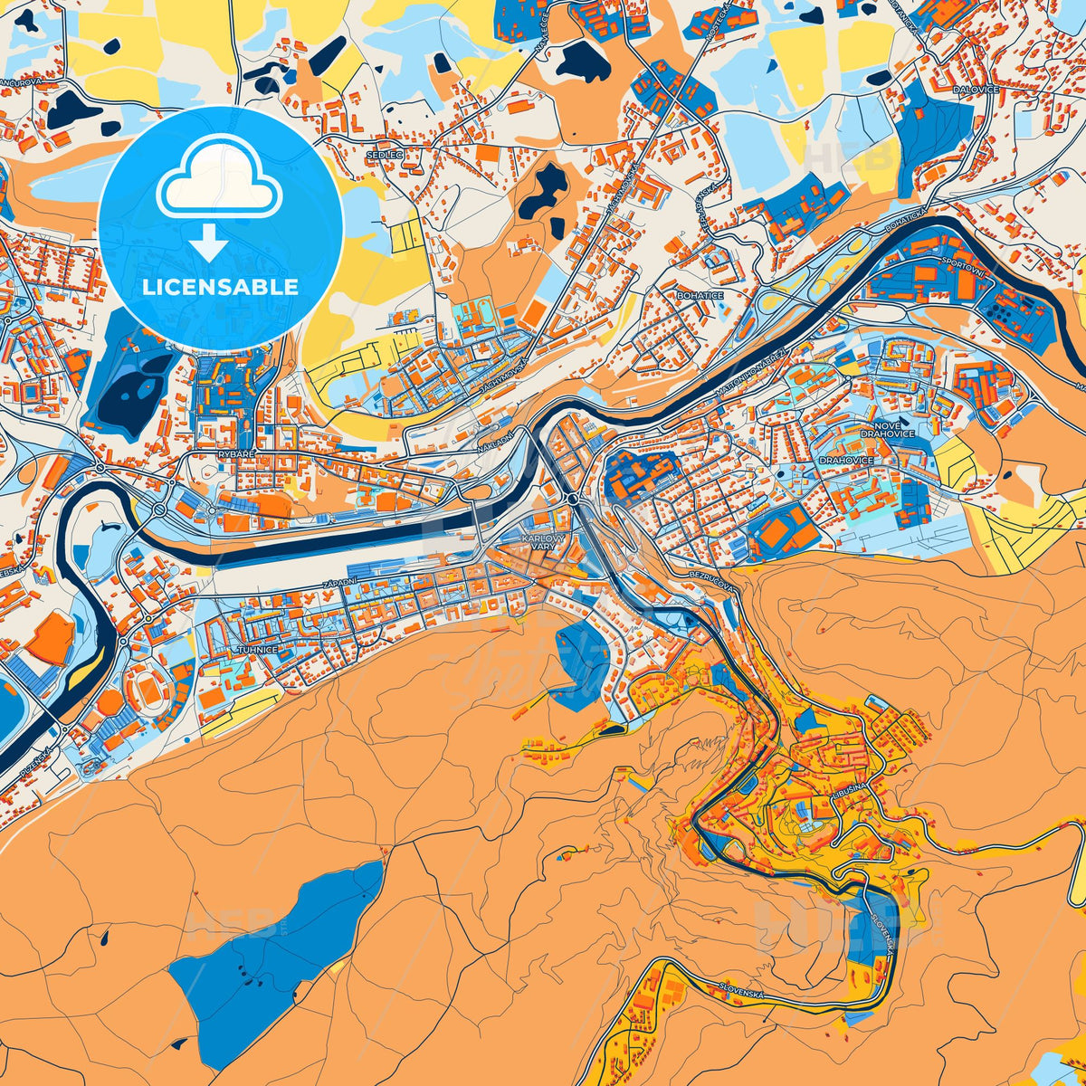 Colorful Karlovy Vary Street Map with Labels and Buildings