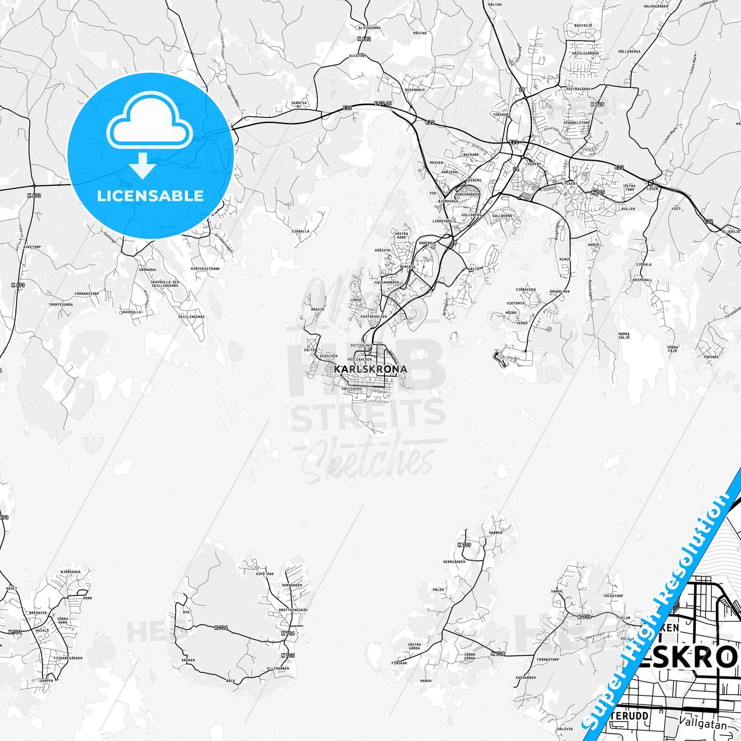 Karlskrona, Sweden light map with streetnames, citynames and districts