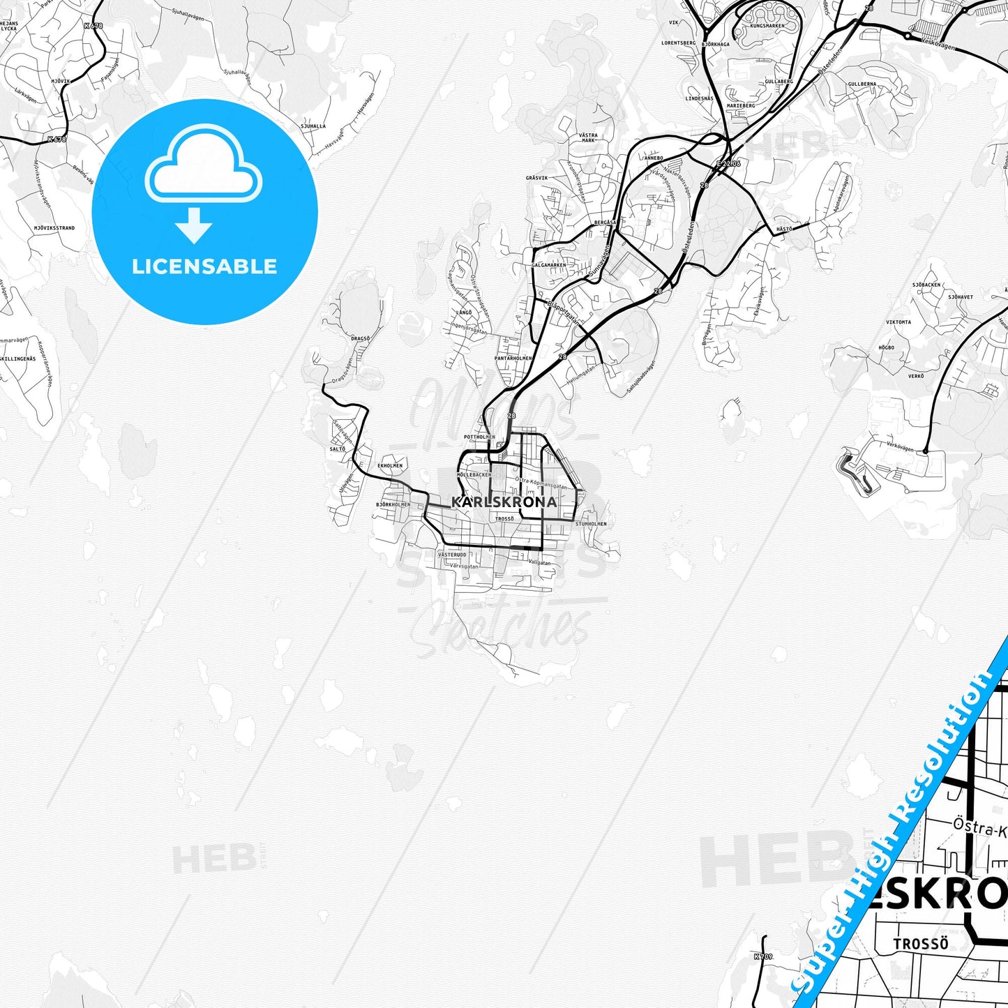 Karlskrona, Sweden Light Map with Street Names, City Names, and Districts