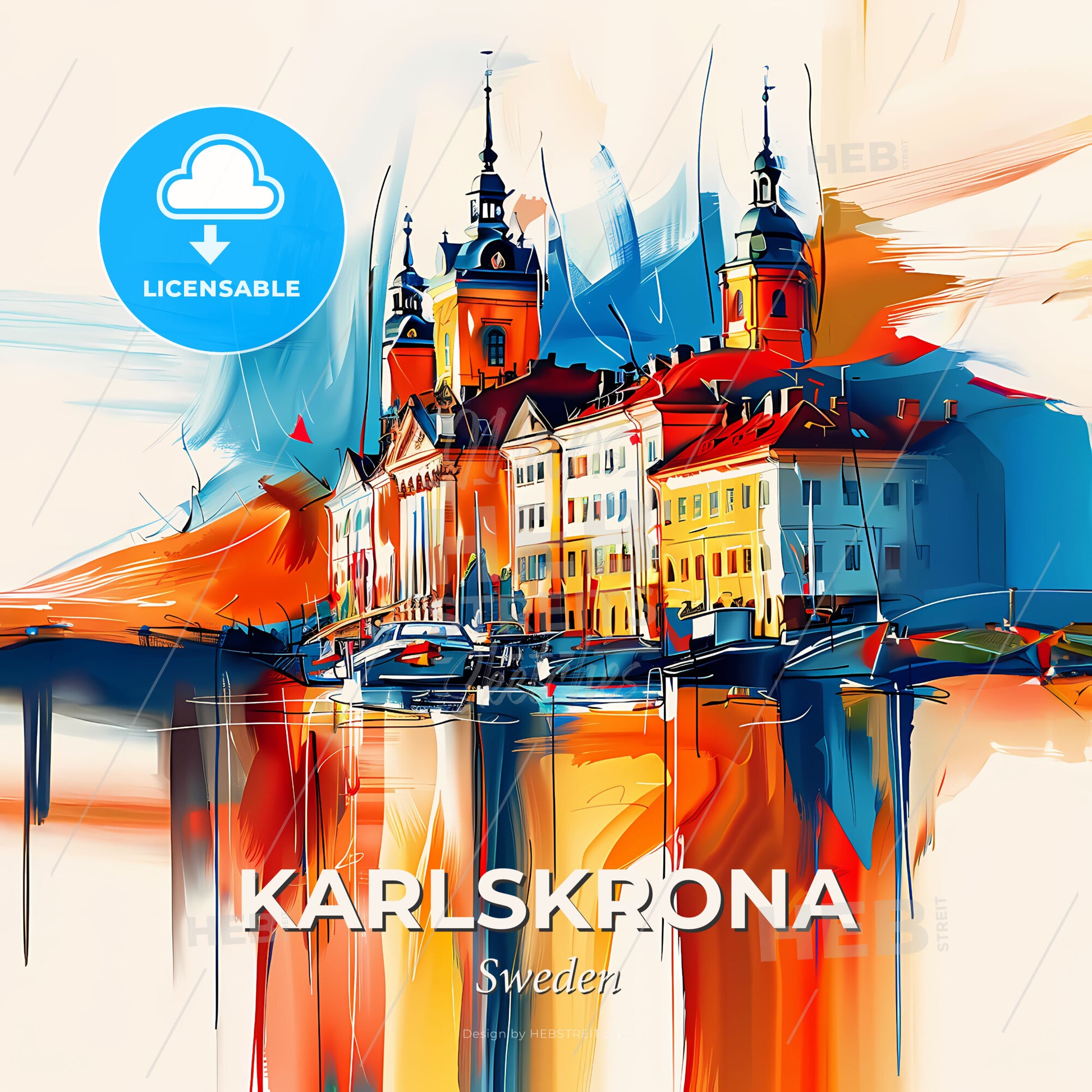 Vibrant Karlskrona, Sweden - A Painting Of A Building With Towers And A Body Of Water - Square format print template