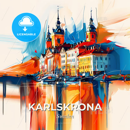 Vibrant Karlskrona, Sweden - A Painting Of A Building With Towers And A Body Of Water - Square format print template