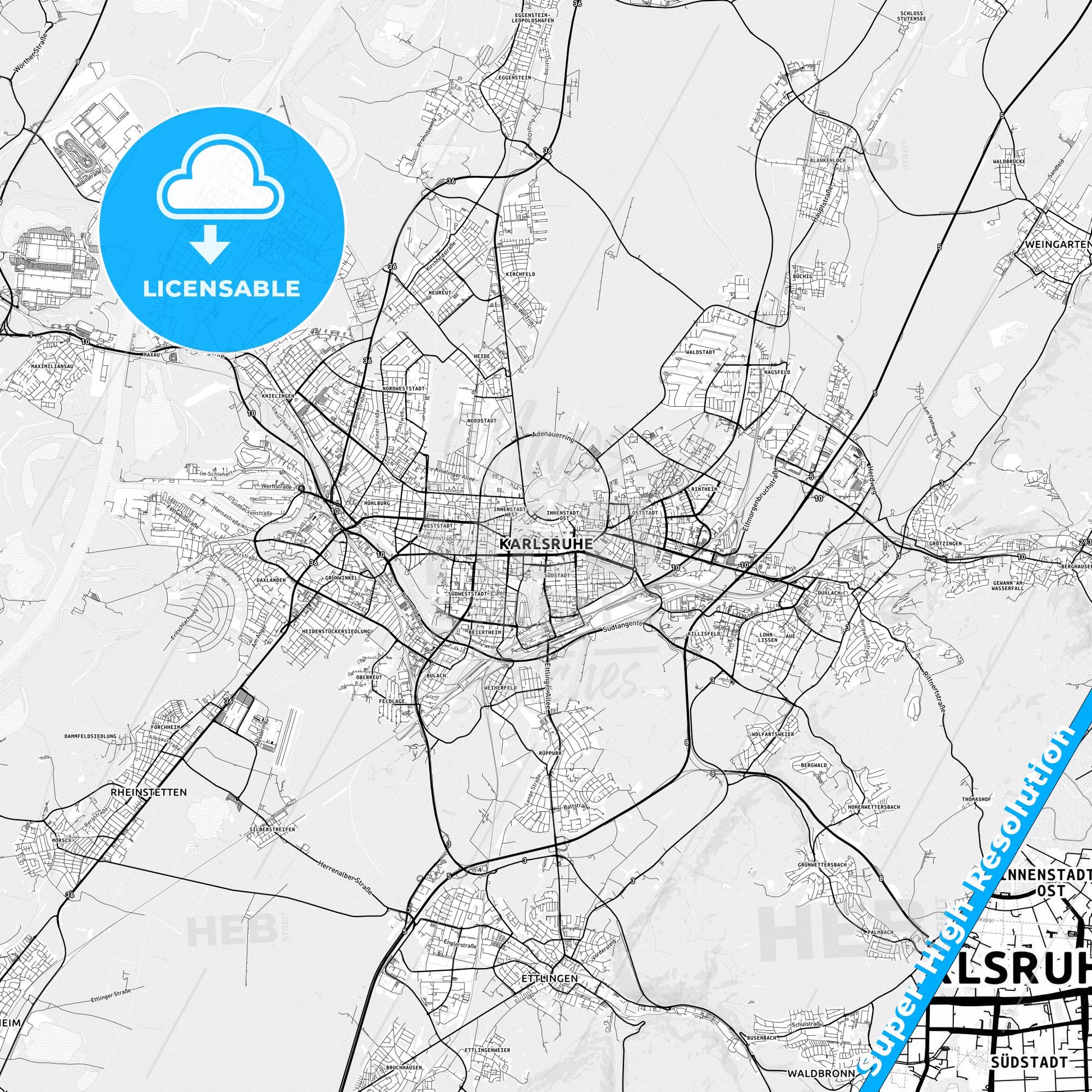 Karlsruhe, Germany light map with streetnames, citynames and districts