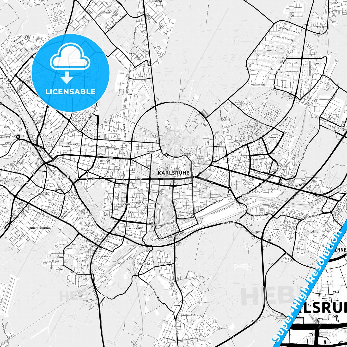 Karlsruhe, Germany Light Map with Street Names, City Names, and Districts