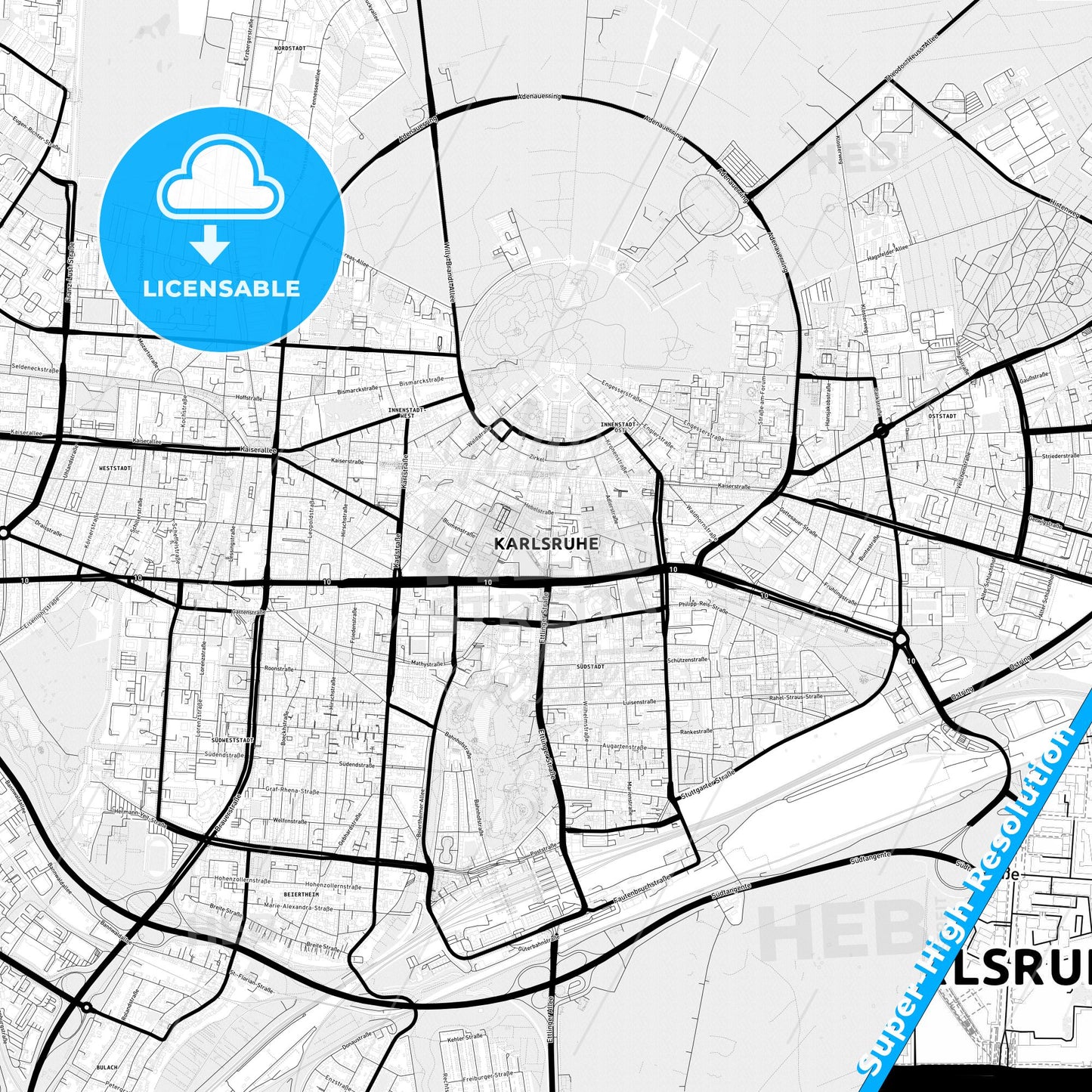 Karlsruhe, Germany Light Map with Street Names, City Names, and Districts