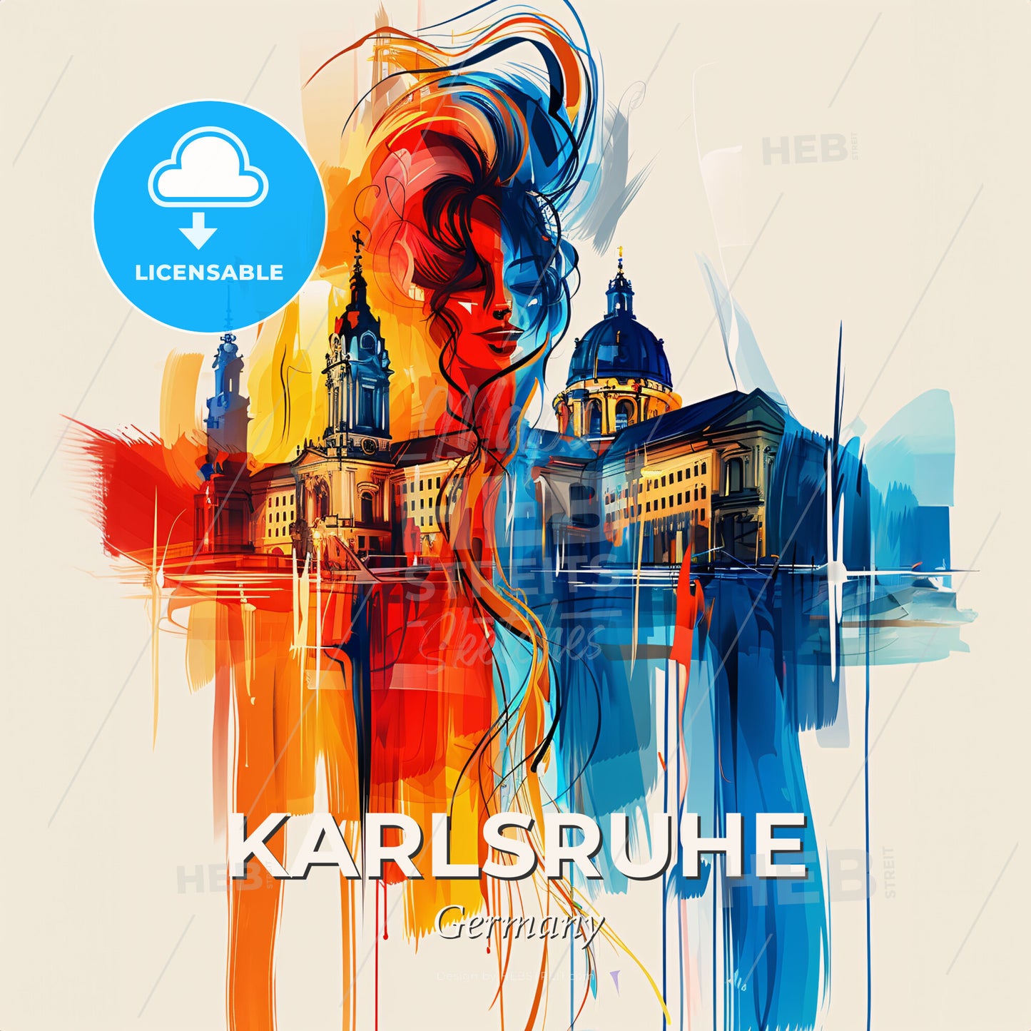 Vibrant Karlsruhe, Germany - A Painting Of A Woman's Face And Buildings - Square format print template