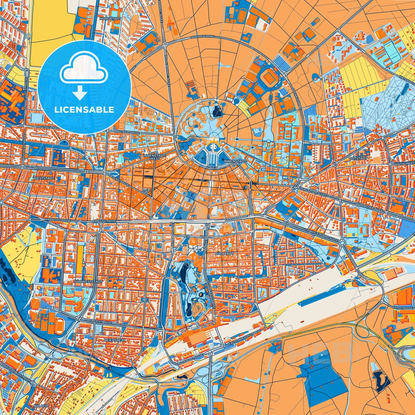 Colorful Karlsruhe Street Map with Labels and Buildings