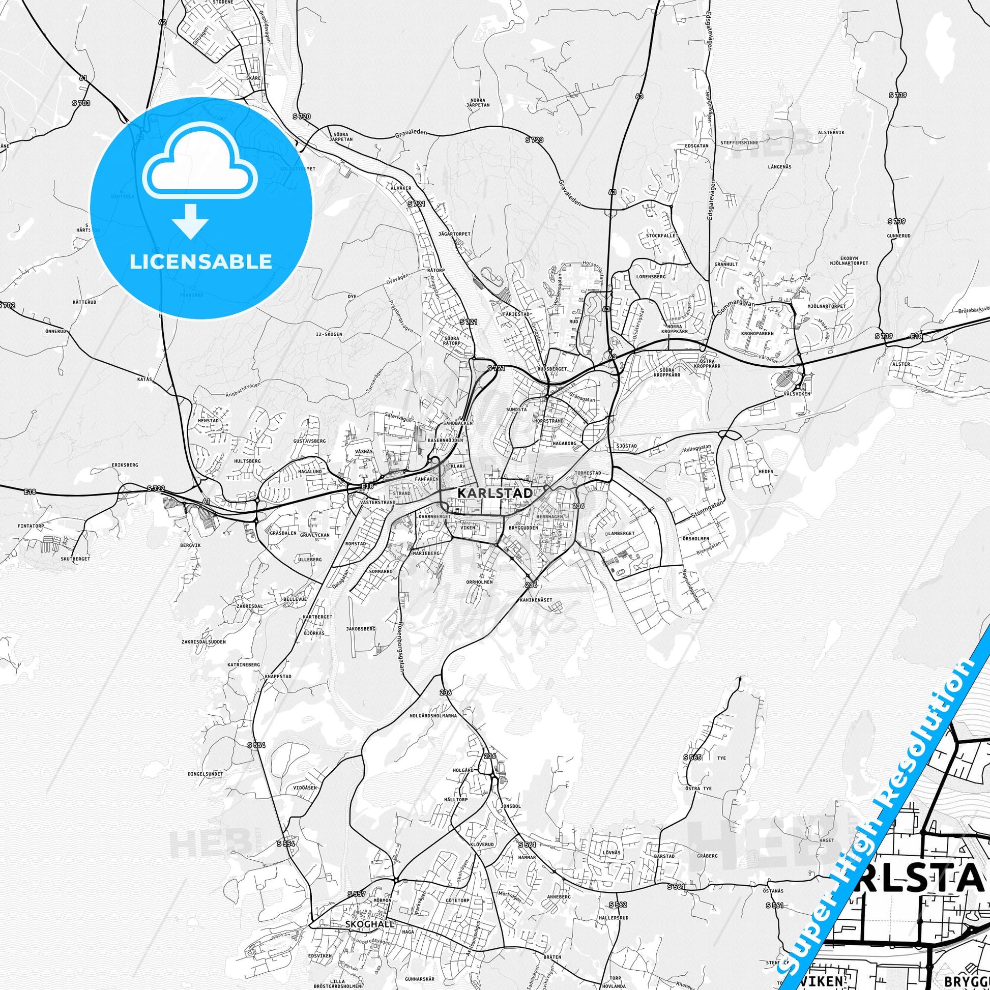 Karlstad, Sweden light map with streetnames, citynames and districts