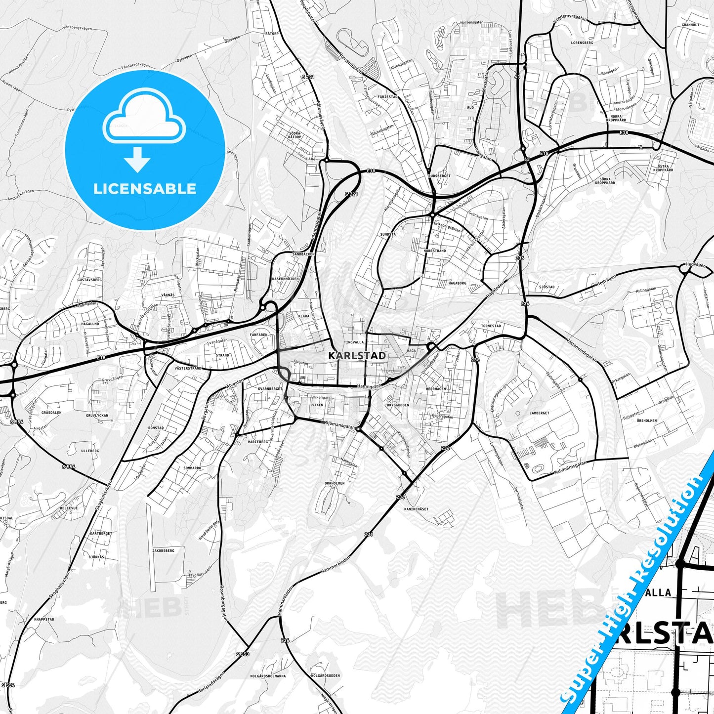 Karlstad, Sweden Light Map with Street Names, City Names, and Districts