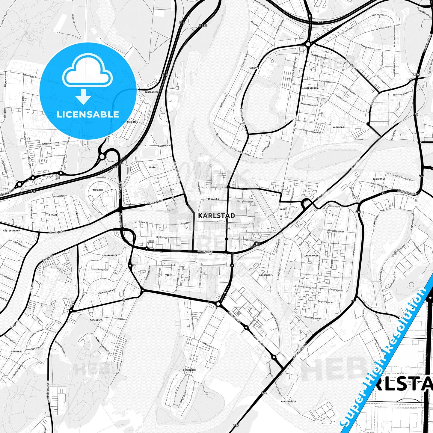 Karlstad, Sweden Light Map with Street Names, City Names, and Districts