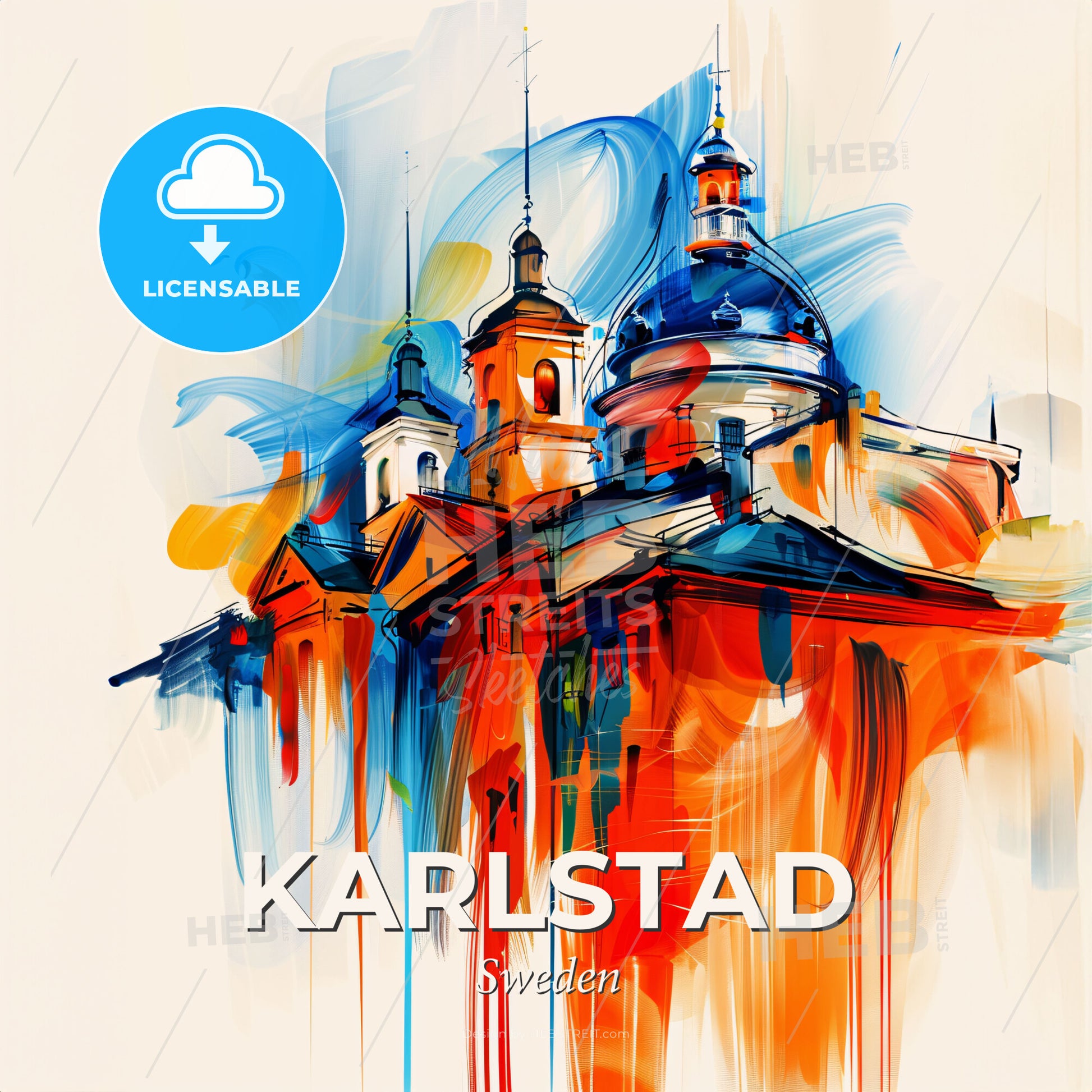 Vibrant Karlstad, Sweden - A Painting Of A Building With A Blue And Orange Roof - Square format print template